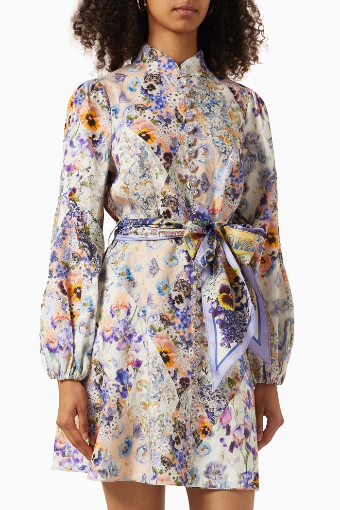 

Tama Belted Mini Dress in Linen, Multicolour