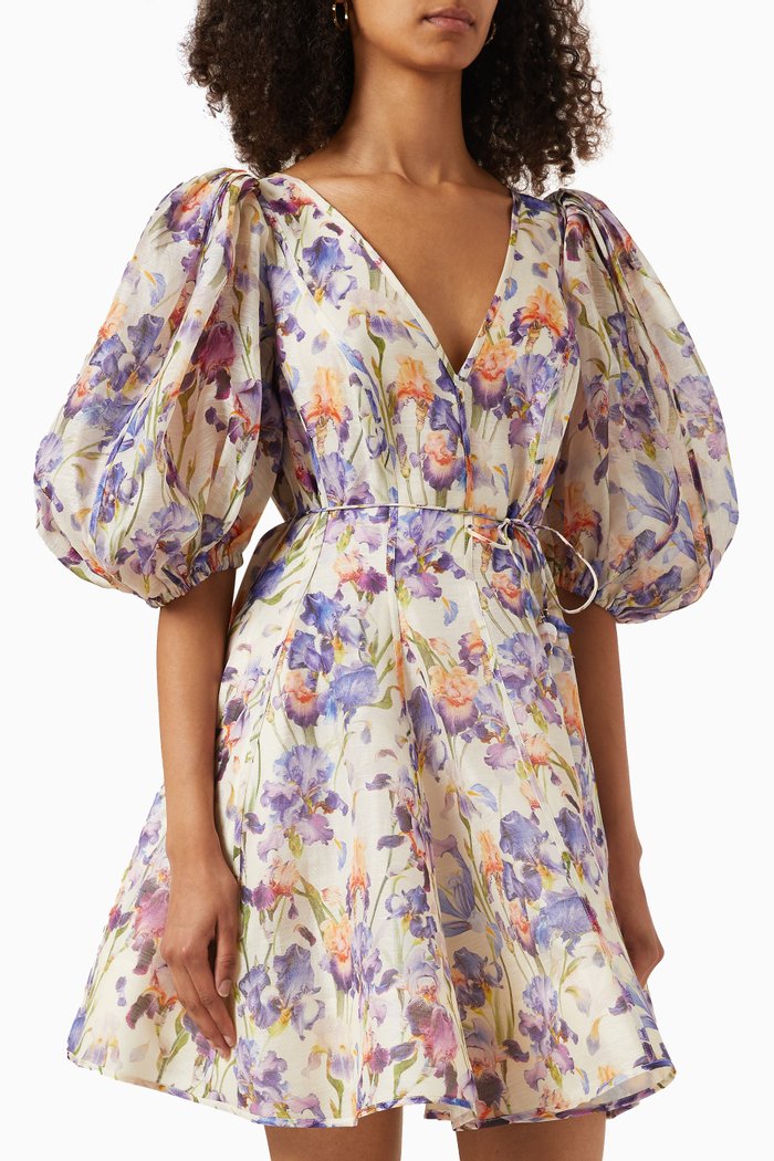 

Tama Puff-sleeve Mini Dress in Silk, Multicolour