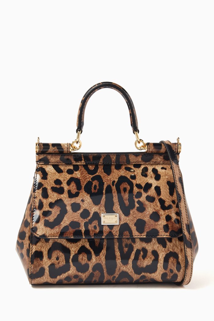 

x KIM Small Sicily Bag in Leopard-print Polished Leather, Brown