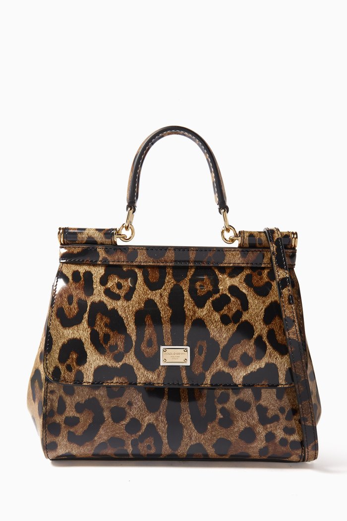 

x KIM Small Sicily Bag in Leopard-print Polished Leather, Brown