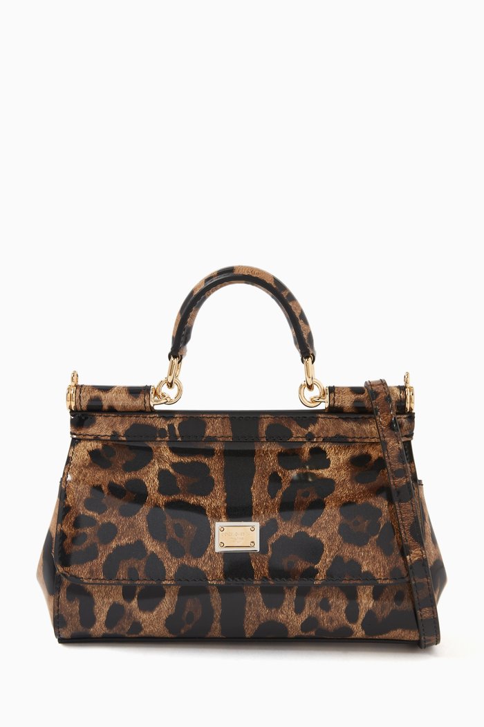 

x Kim Small Sicily Leopard-print Top-handle Bag in Polished Leather, Brown