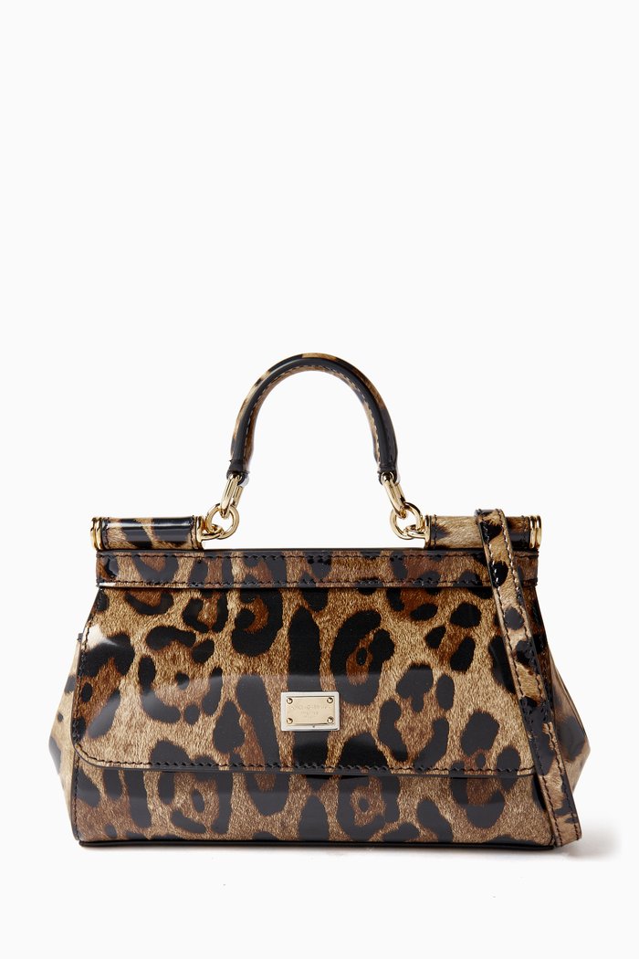 

x Kim Small Sicily Leopard-print Top-handle Bag in Polished Leather, Brown