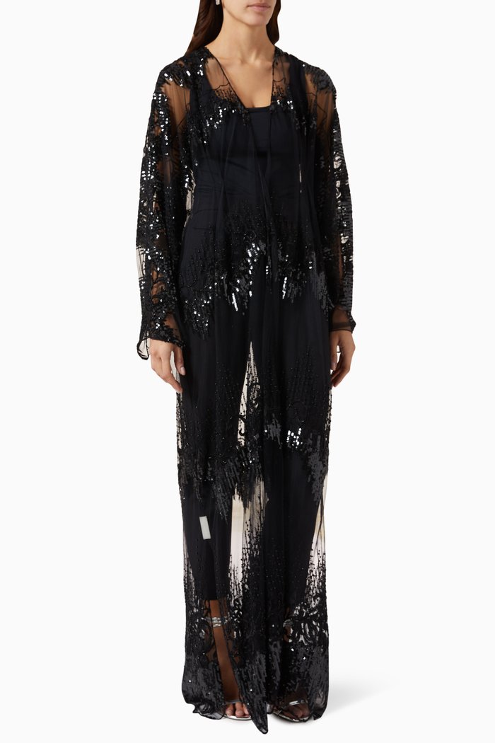 

Sequin-embellished Sheer Wedding Abaya in Tulle, Black