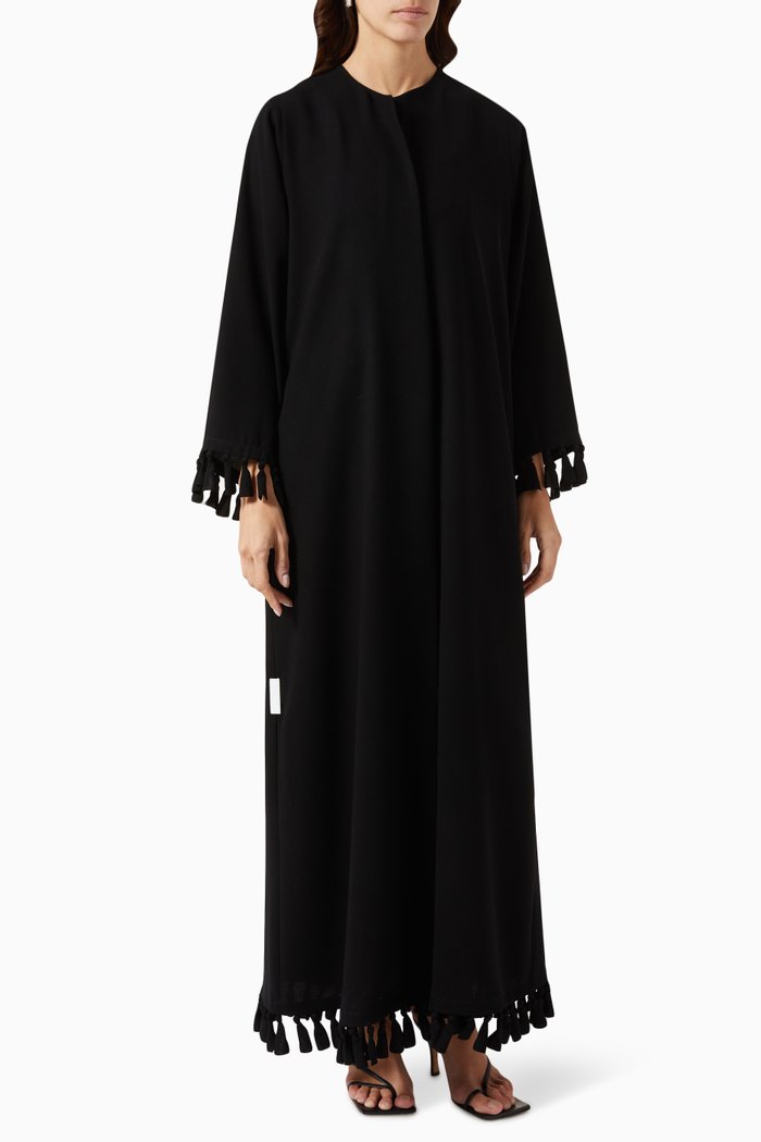 

Knotted Tassel-tipped Abaya in Crepe, Black