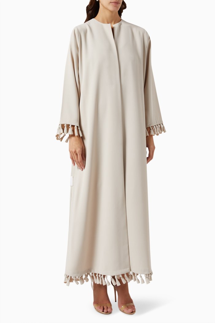 

Knotted Tassel-tipped Abaya in Twill, Neutral
