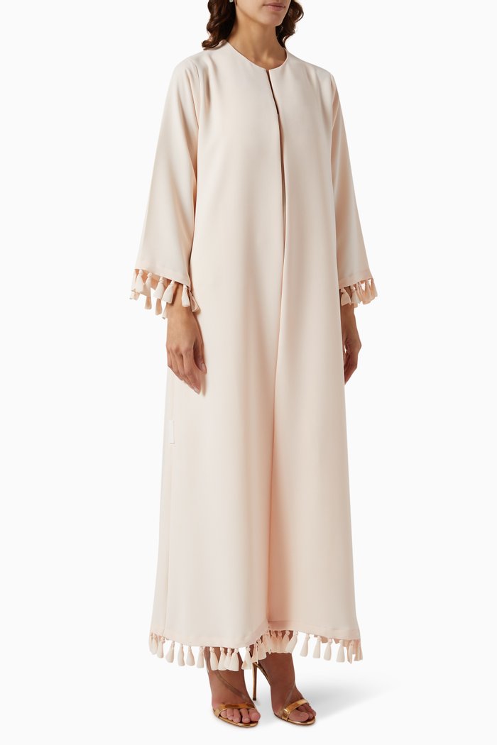 Knotted Tassel-tipped Abaya in Crepe, Neutral