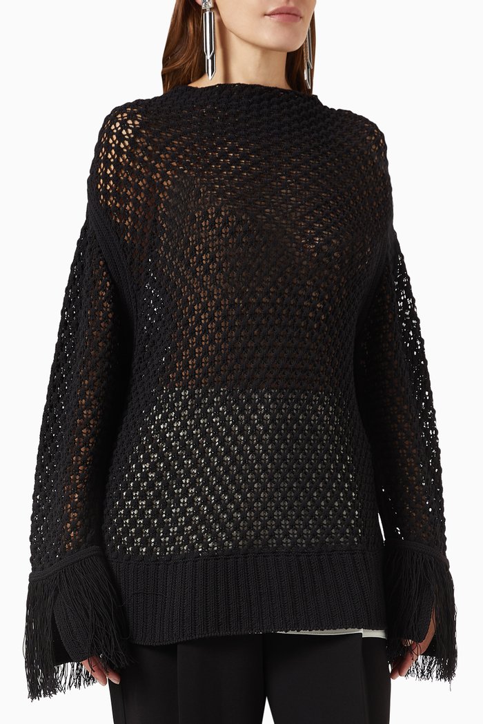 

Textured Fringe Oversized Sweater in Open Knit, Black