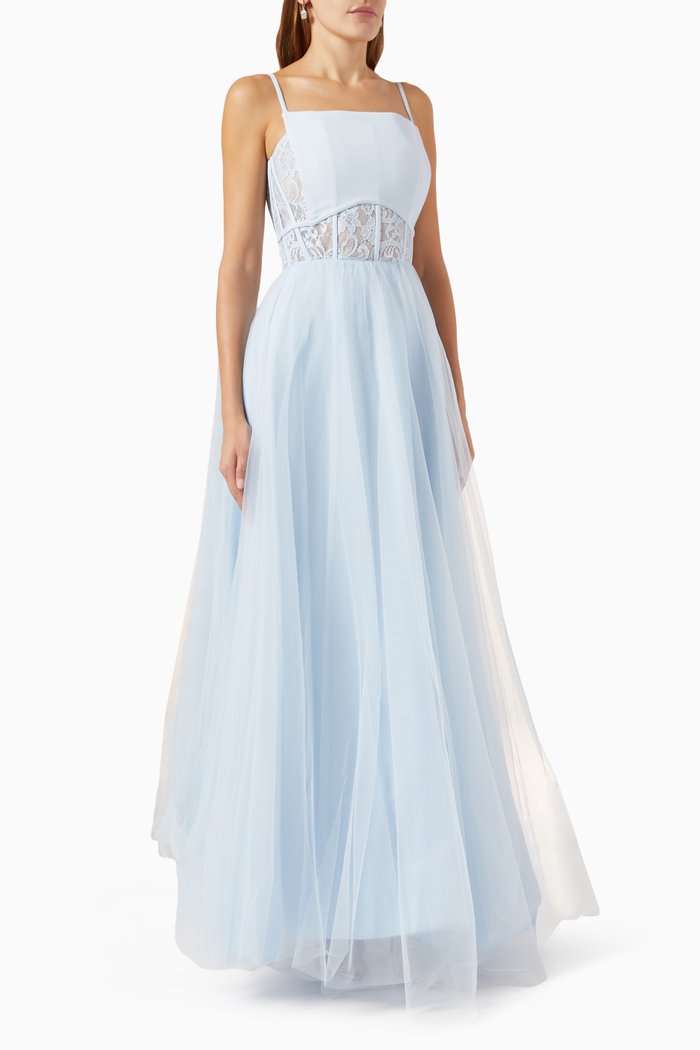 

Lace Corset Maxi Dress in Tulle, Blue