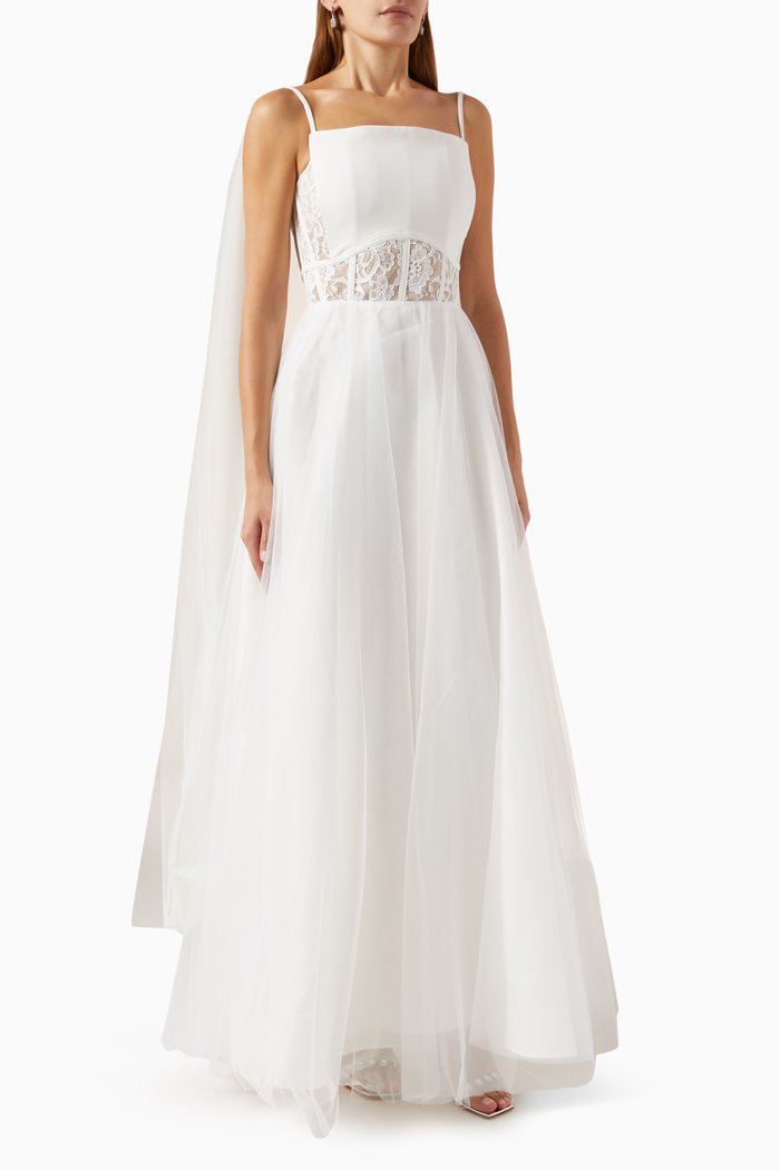Lace Corset Maxi Dress in Tulle, White