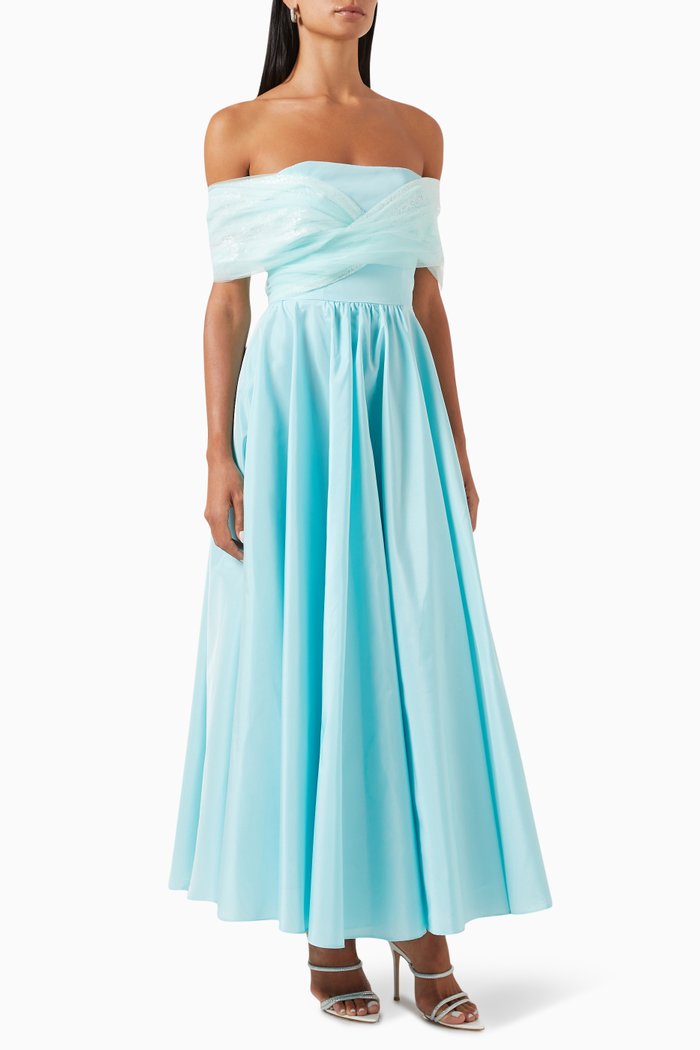 

Gathered Off-shoulder Midi Dress in Tefetta, Green