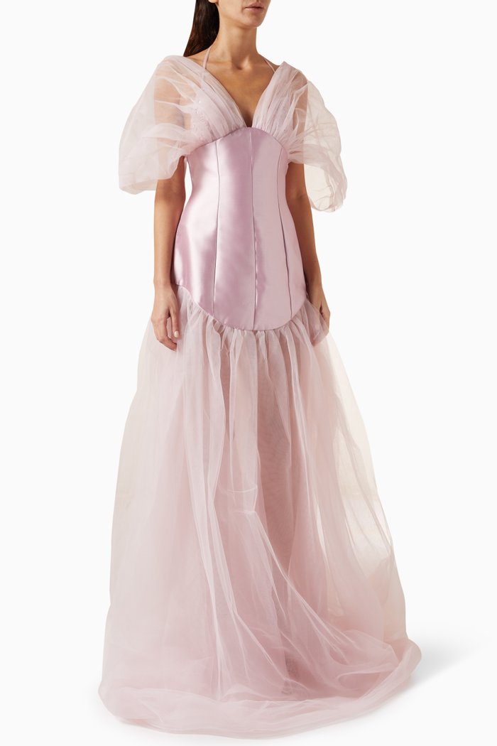 

Halterneck Maxi Dress in Tulle, Pink