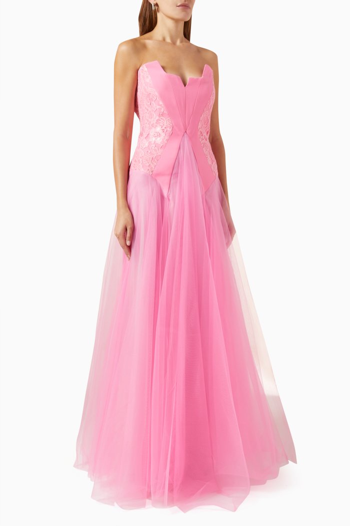 

Cinched Bodice Maxi Dress in Tulle, Pink