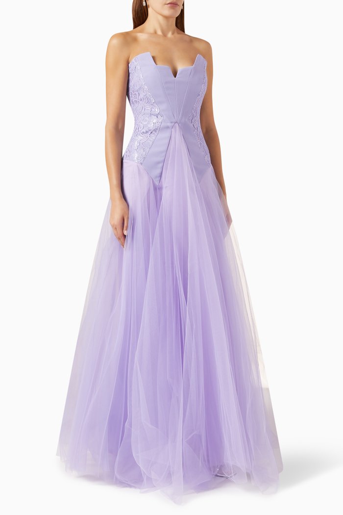 Cinched Bodice Maxi Dress in Tulle, Purple