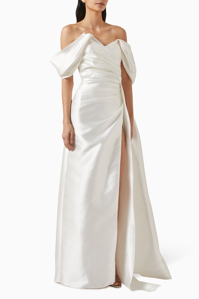 

Off-Shoulder Puffy Sleeve Dress, White