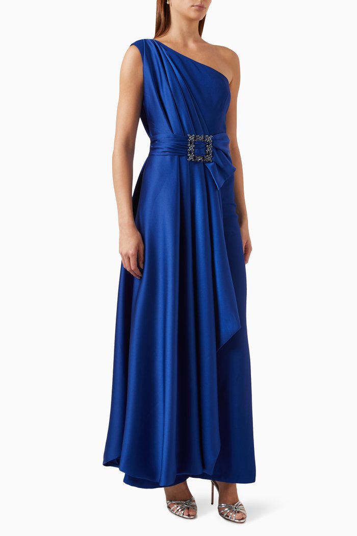 Embroidered One-shoulder Maxi Jumpsuit Dress, Purple