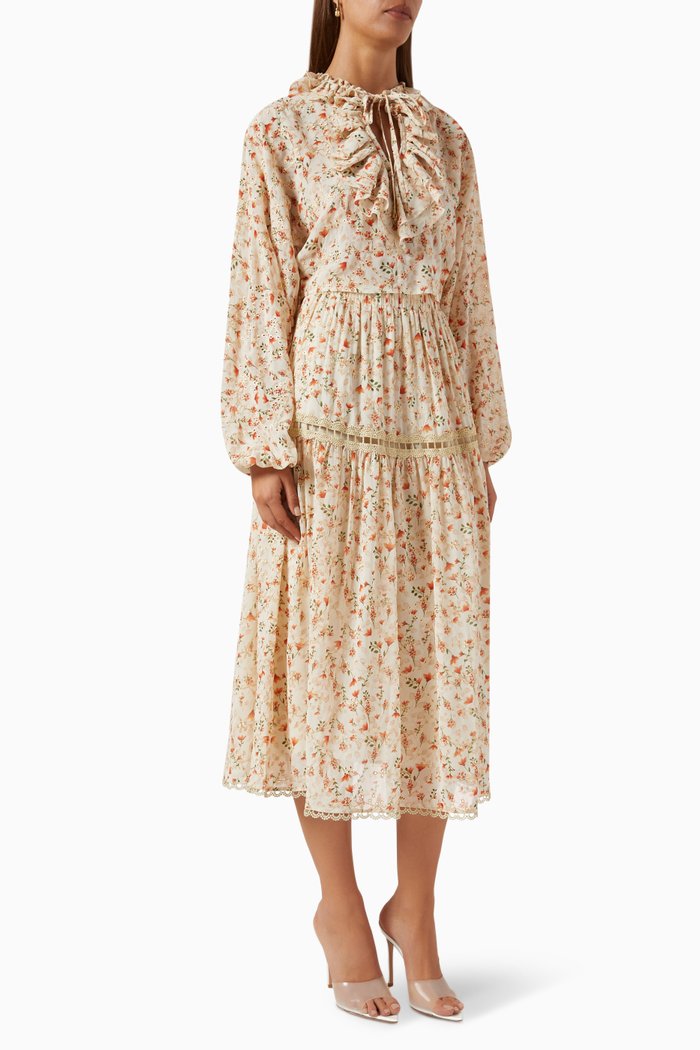 

Floral-print Ruffled Top & Skirt Set, White