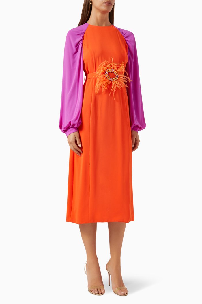 Colour-block Embellished Midi Dress in Crepe, Orange