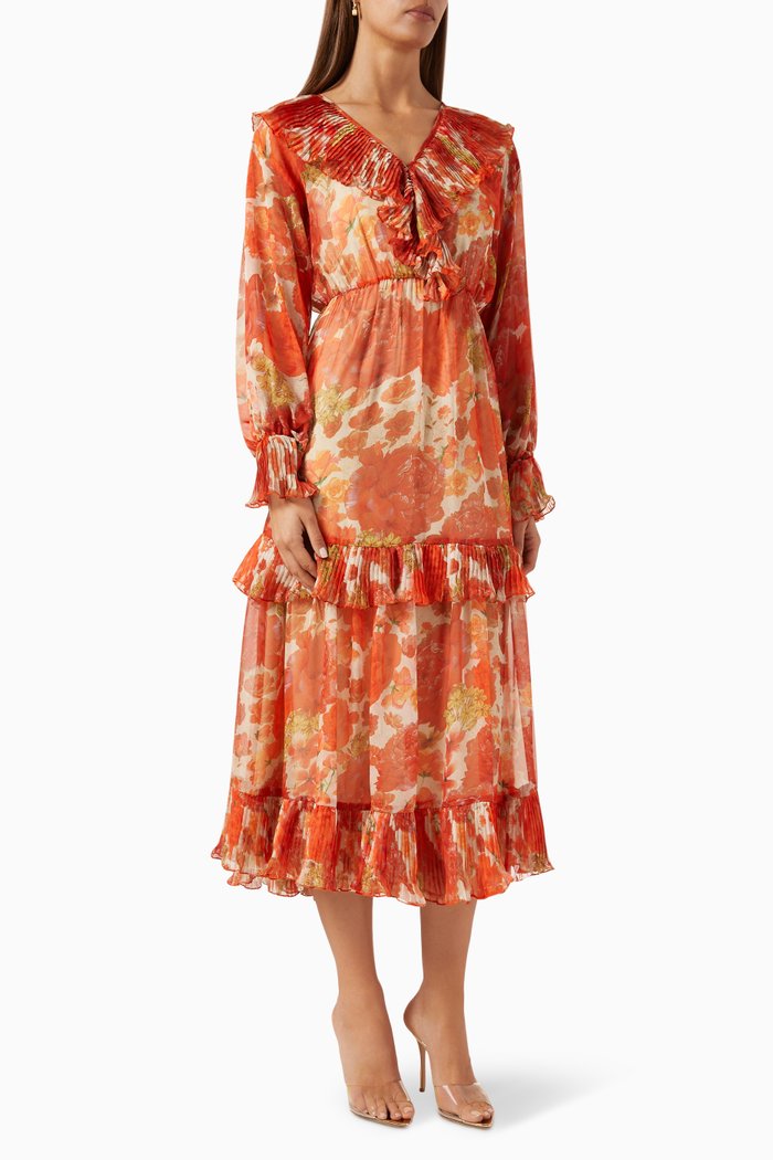 

Floral-print Ruffled Midi Dress in Chiffon, Orange