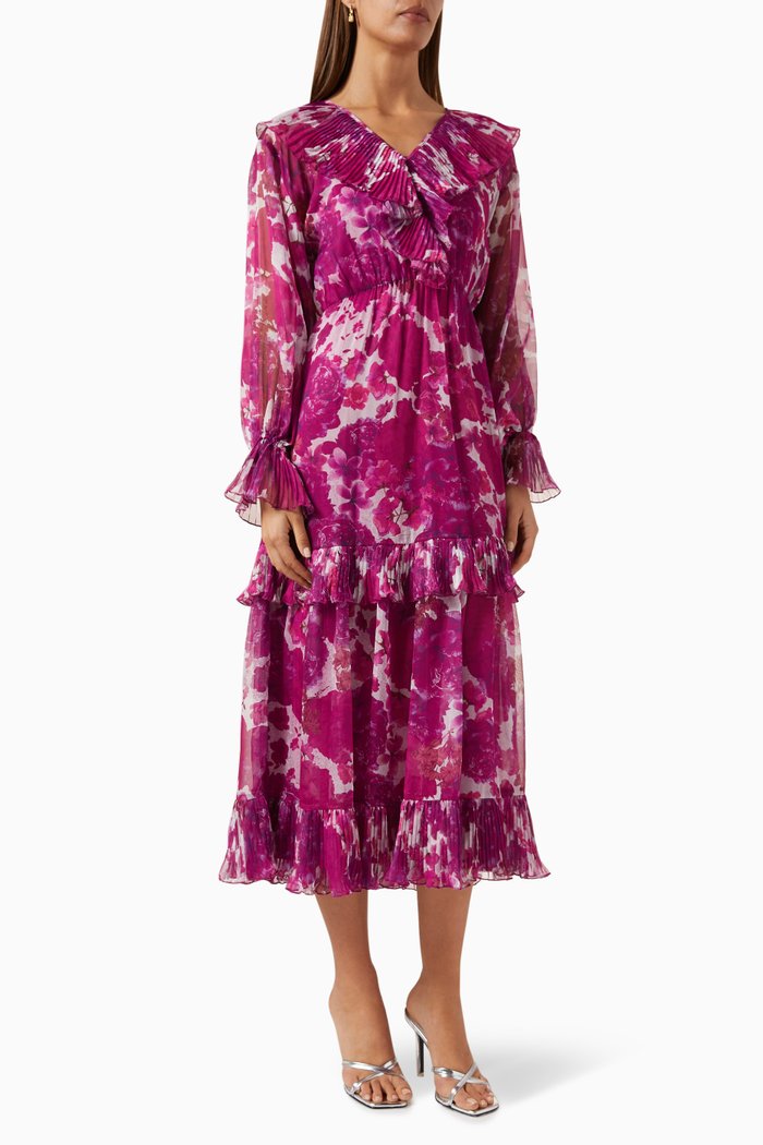 

Floral-print Ruffled Midi Dress in Chiffon, Pink