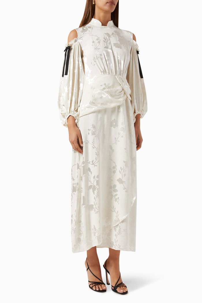Floral-print Cold-shoulder Maxi Dress in Jacquard, White
