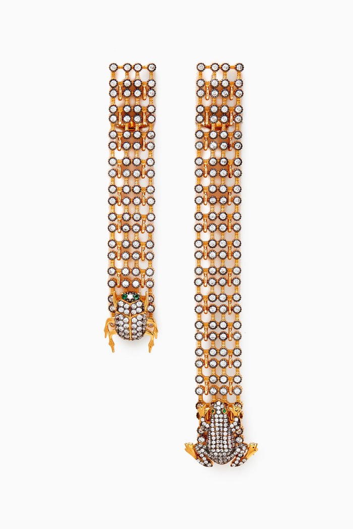 

Frog & Scarab Crystal Drop Clip Earrings in 24kt Gold-plated Bronze
