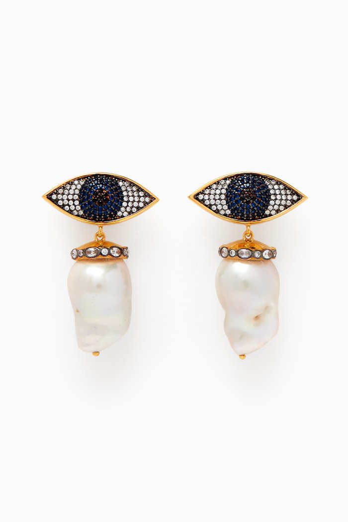 

Cyclops Crystal & Pearl Drop Earrings in 24kt Gold-plated Bronze