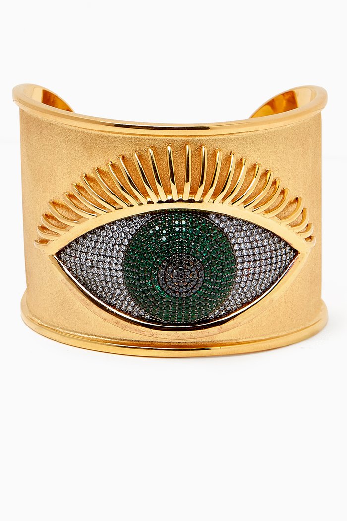 

Evil Eye Crystal Cuff in 24kt Gold-plated Bronze, Green