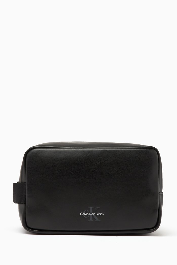 

Logo Print Wash Bag in Faux Leather, Black