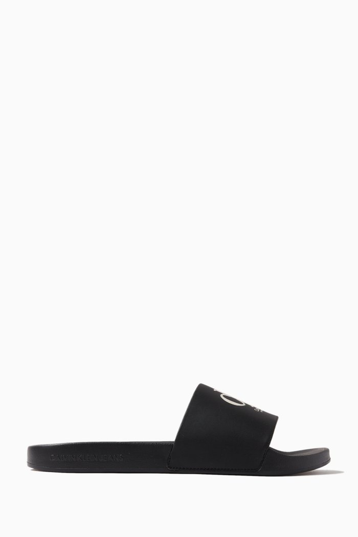 Oversized Logo Slides in Faux-leather, Black