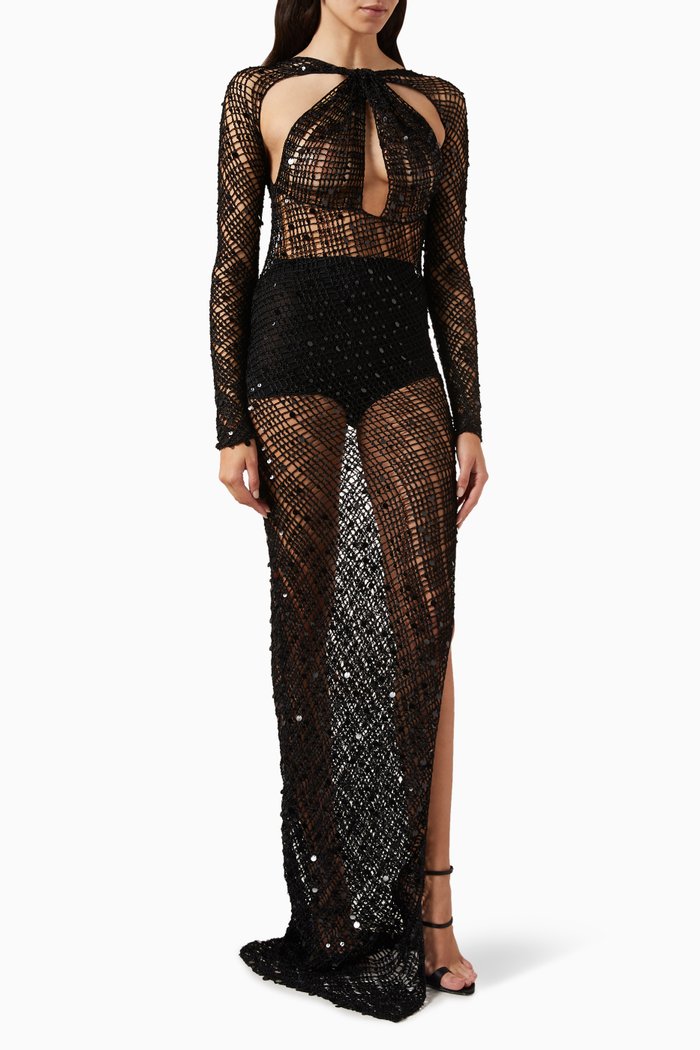 

Sequin Crochet Cut-Out Maxi Dress, Black