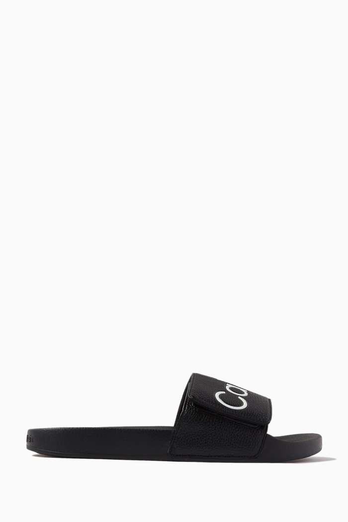 

Logo Pool Slides in Faux-leather, Black