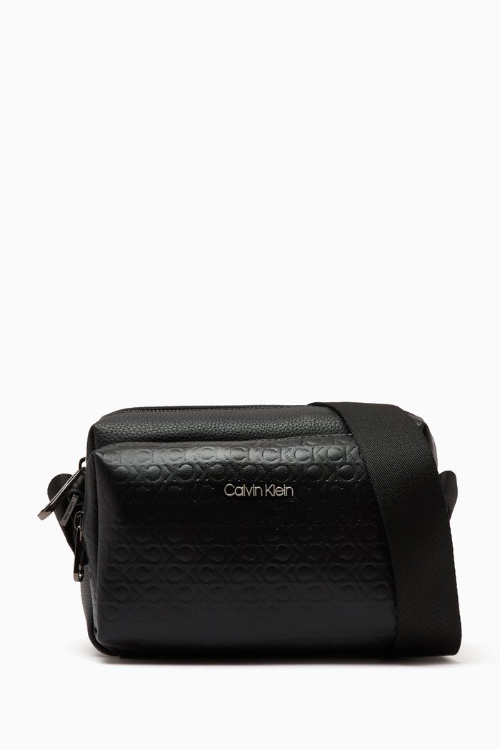 

Embossed Logo Monogram Camera Bag in Recycled Fabric, Black
