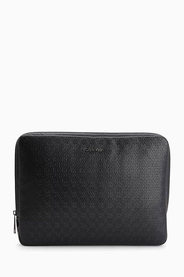 

Embossed Logo Monogram Laptop Case in Faux Leather, Black
