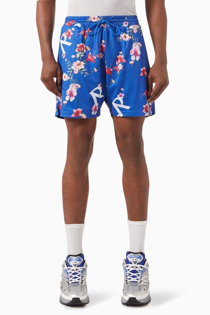 

Floral Print Shorts in Mesh, Blue