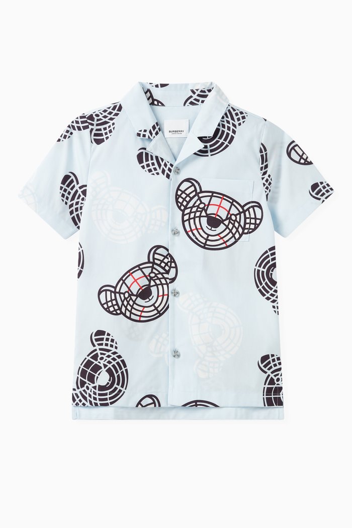 

Thomas Bear Print Shirt in Stretch Cotton Poplin, Blue