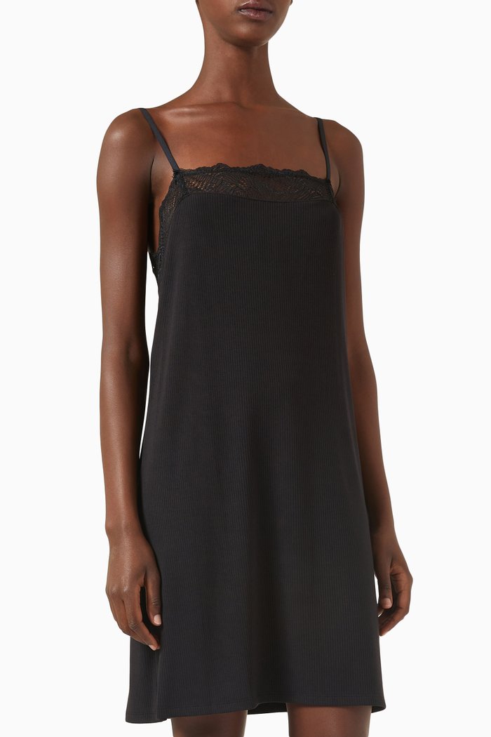 

Lace-trimmed Lounge Chemise in Stretch-modal, Black
