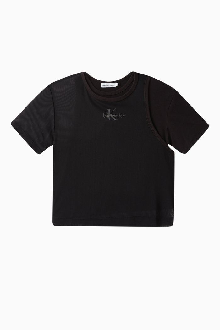 

Mixed Media Logo Mesh T-Shirt in Cotton, Black