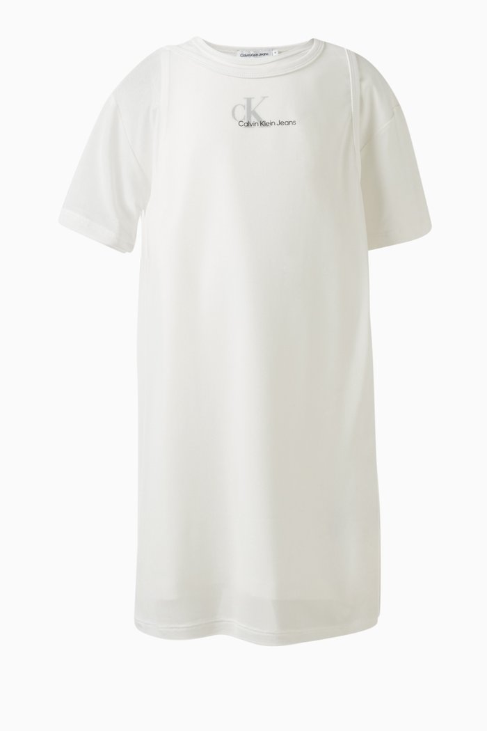 

Short Sleeved Mix Media Dress in Stretch Cotton, White