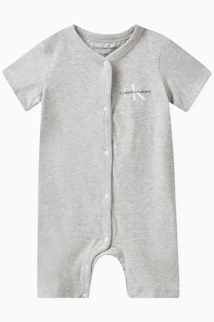 

Monogram Logo Print Romper in Organic Cotton Stretch, Grey