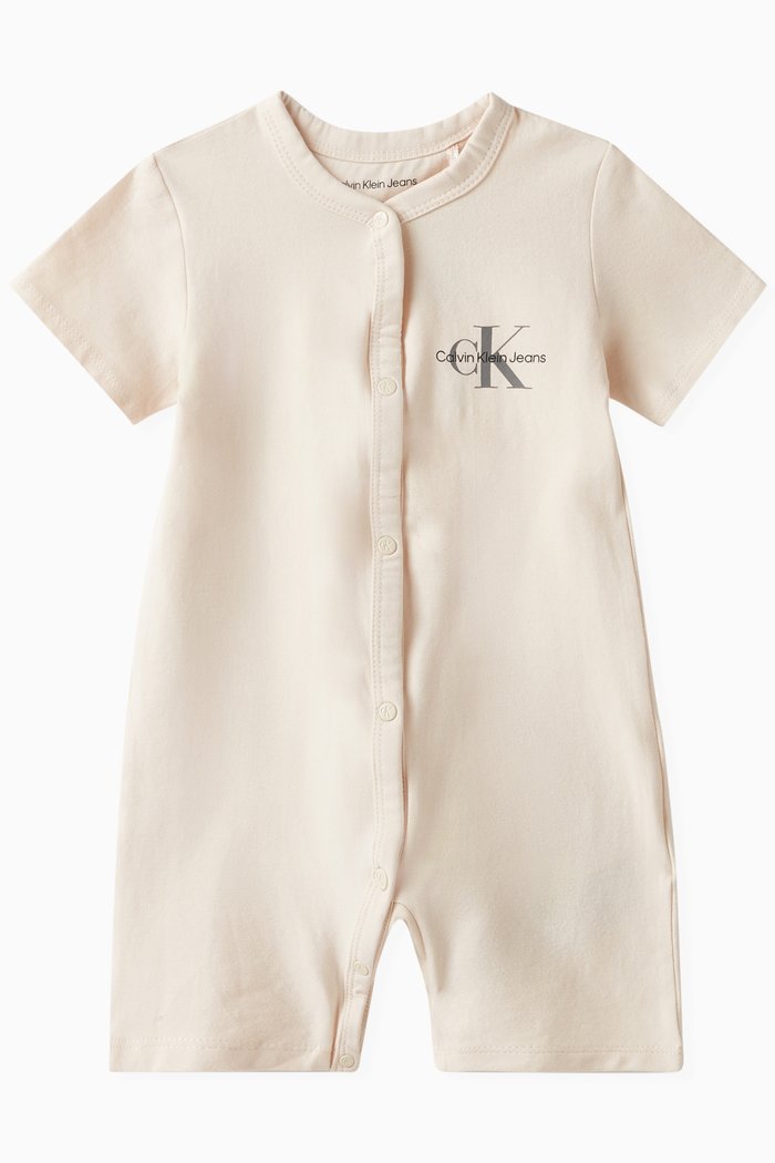 

Monogram Logo Print Romper in Organic Cotton Stretch, Grey