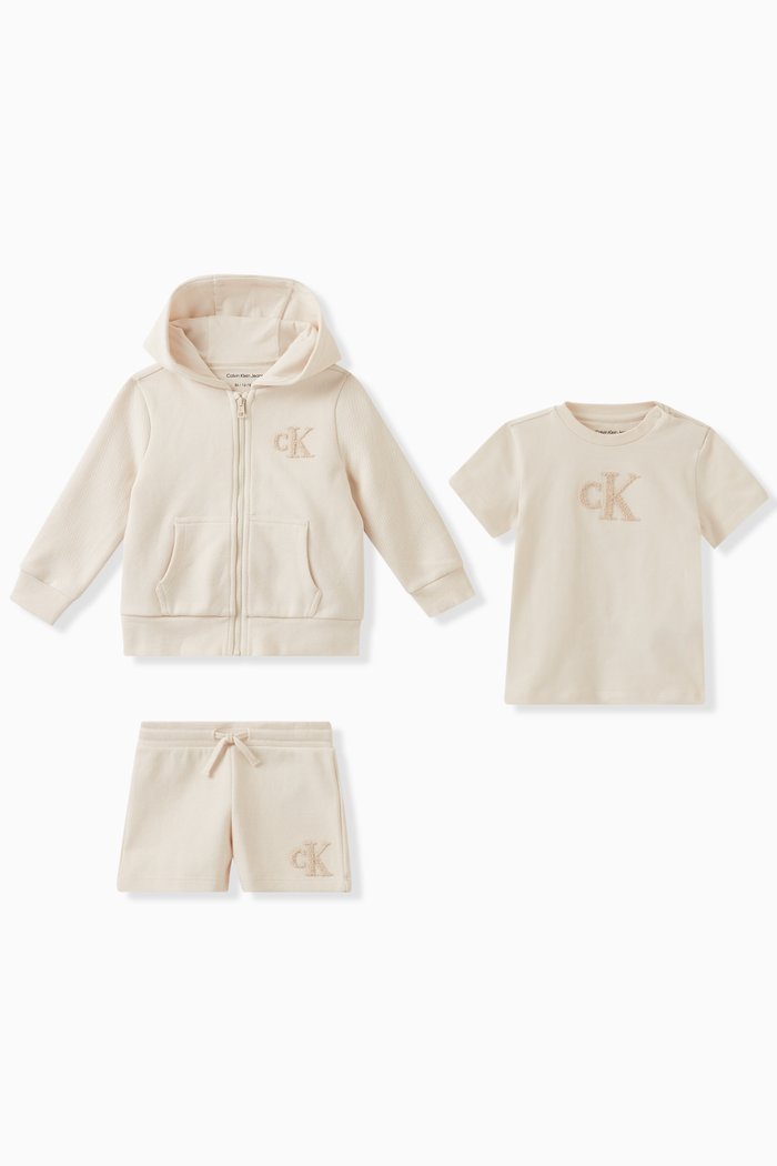 

Monogram Hoodie, Shorts & T-Shirt Set in Cotton Stretch, Grey