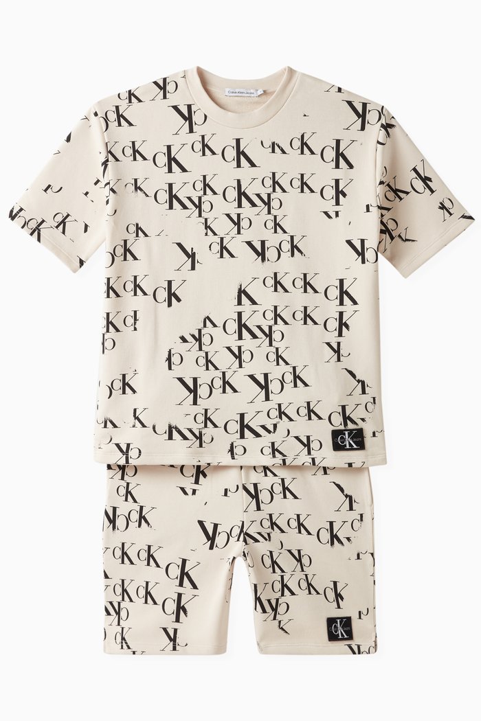 

Monogram Print T-Shirt & Shorts Set in Cotton, Grey