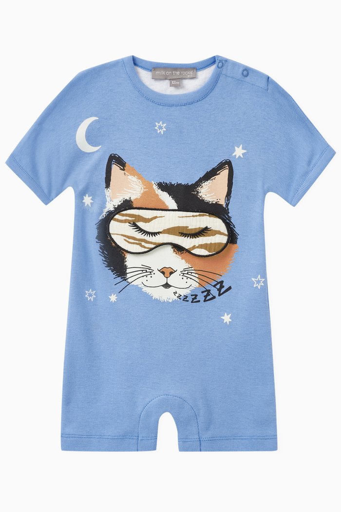 

Sleepy Cat Print Romper in Cotton, Blue