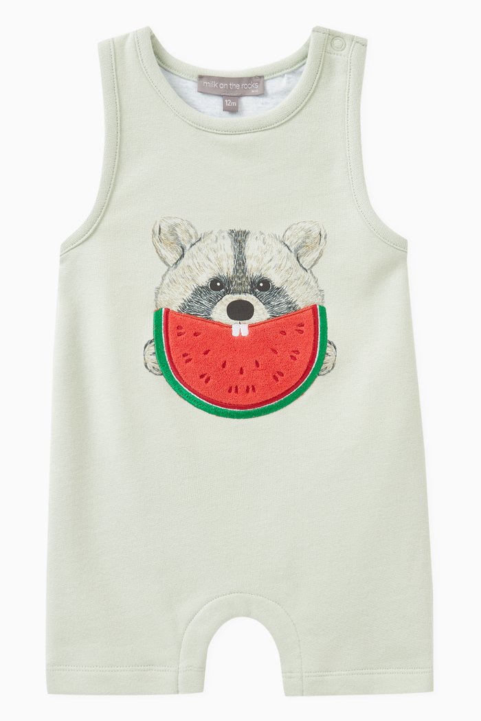 

Racoon Pasteque Romper in Cotton, Green
