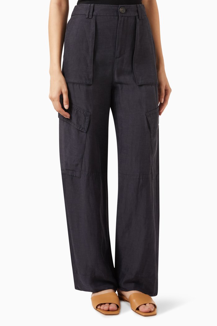 

Drop-waist Wide-leg Cargo Pants in Linen Blend, Black