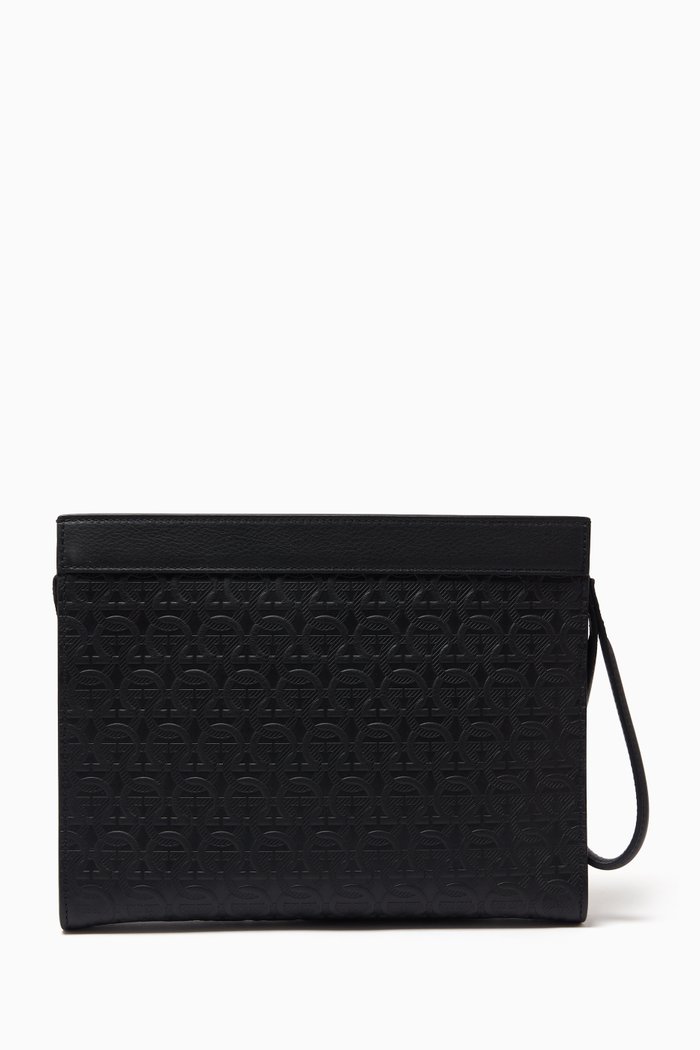 

Embossed Gancini Pattern Clutch in Leather, Black
