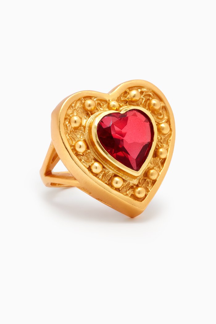 

Hearts Stone Ring in 24kt Yellow Gold-plating, Red