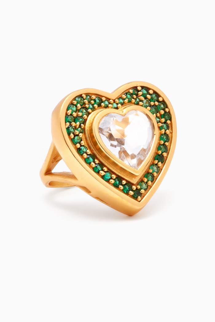 

Heart Stone Ring in 24kt Gold-plated Metal, Green