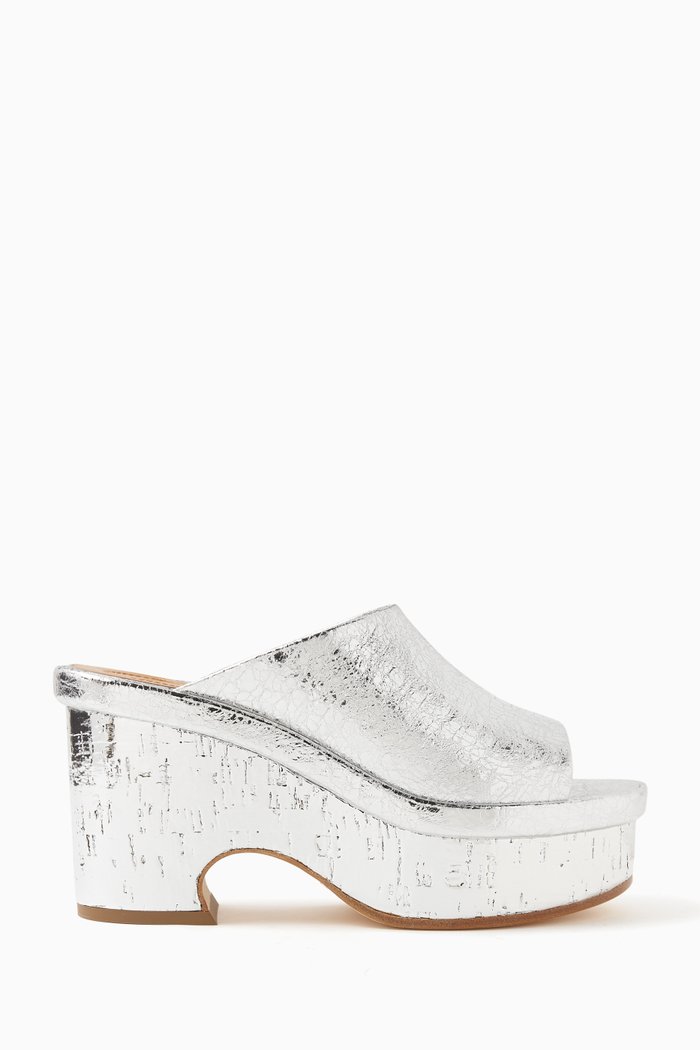 

Oli Platform 85 Mules in Metallic Leather, Silver