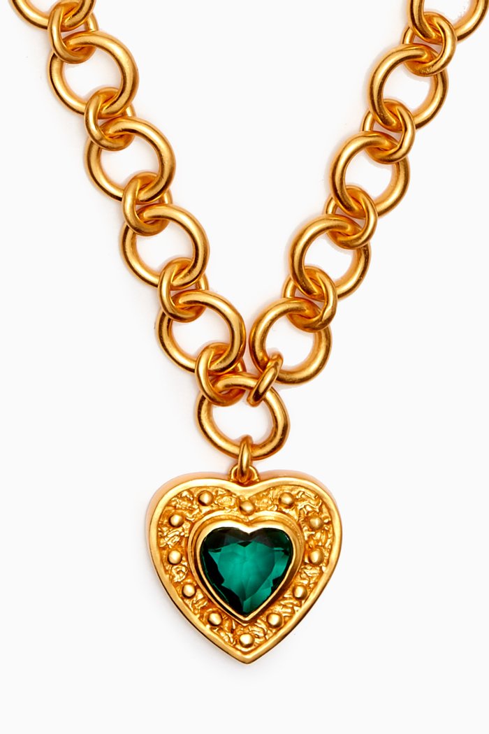 

Hearts Necklace in 24kt Gold-plated Brass, Green